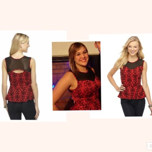 ❤️2 for 12❤️ Bongo Red Velvet Damask Peplum Top - Picture 1 of 5